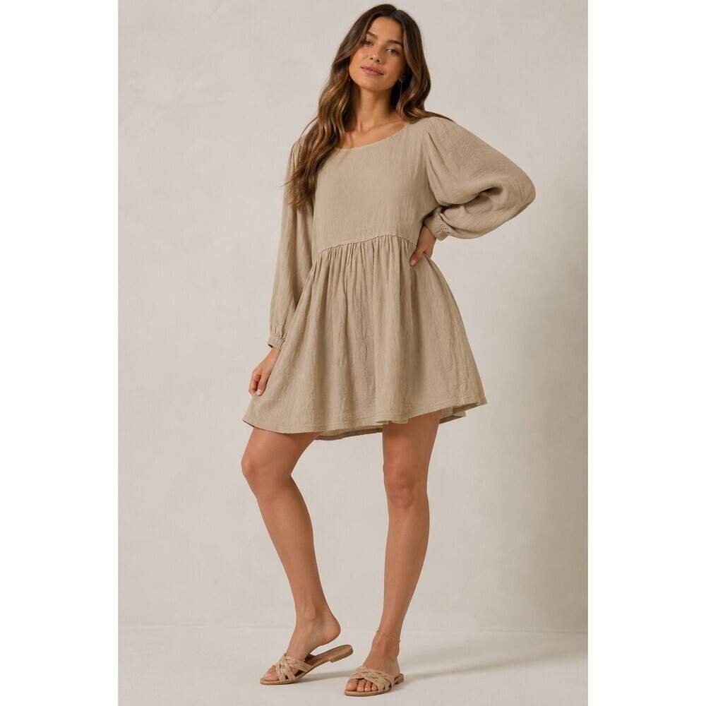 Free People FP Beach Get Obsessed Babydoll Mini Dress Size Small Tan Oversized